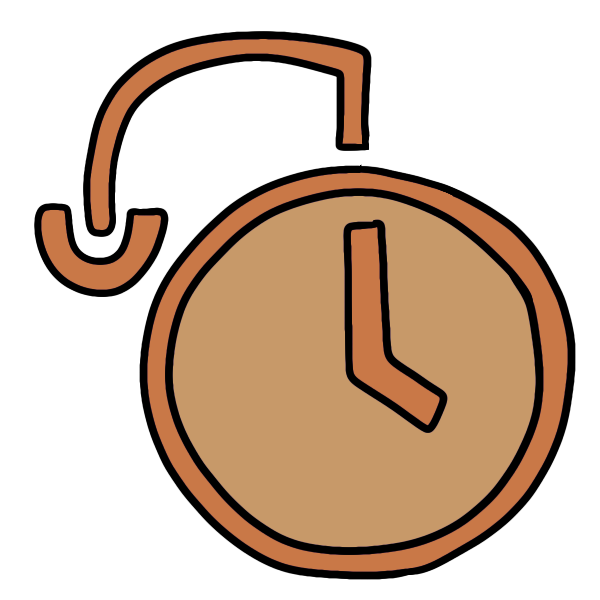 an orange clock face with a line above that goes left then down ending midway and capped off by a u.